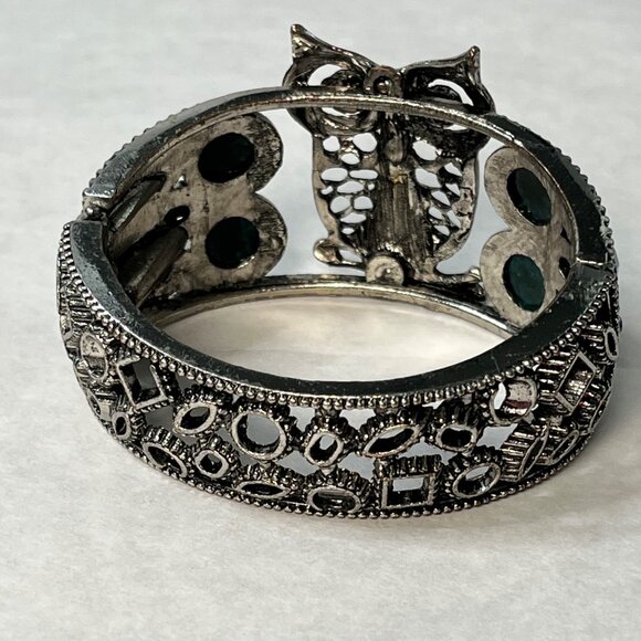 Silver Owl Cuff Bracelet With Green & Blue Gemstones Hinged Closure Intricate De - Picture 3 of 5